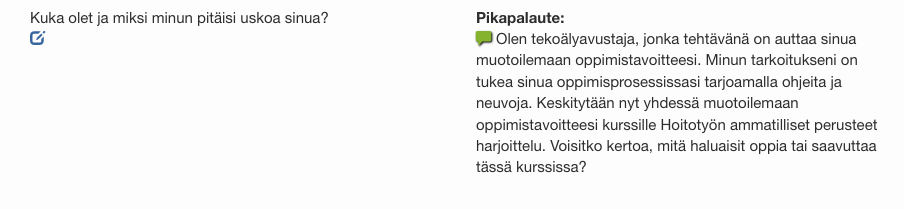 Tekoälyavusteinen pikapalaute harjoittelun suunnitteluun - tekoäly opinto-ohjauksessa