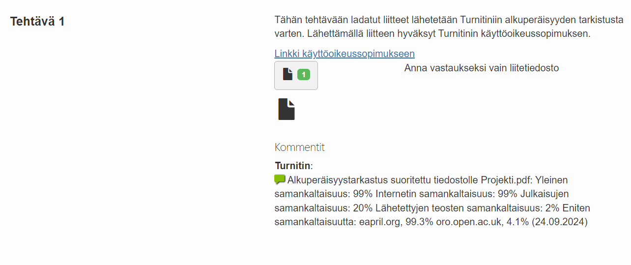 Turnitin -tarkastus palautuksen yhteydessä