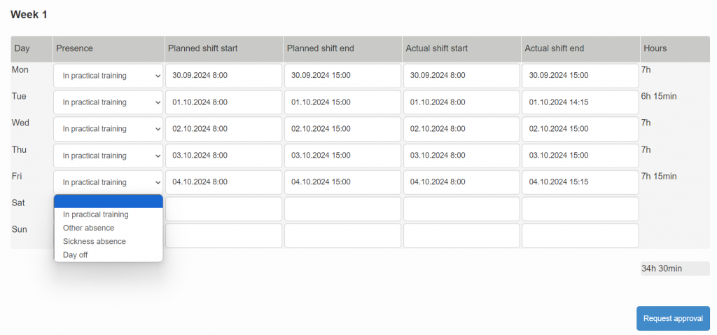 Working hours approval tool