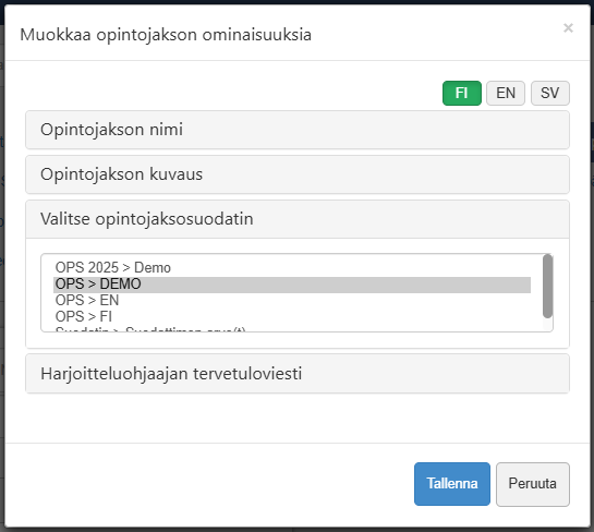 Opintojakson kohdistaminen suodattimeen