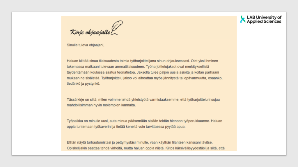 kuvankaappaus kirjeestä ohjaajalle