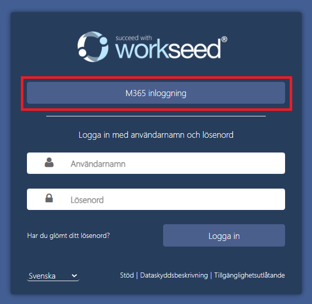 Skärmdump av inloggning var knappen O365 inlogging har valts