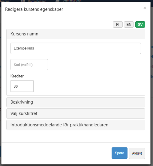 Ange antalet studiepoäng i kursens inställningar