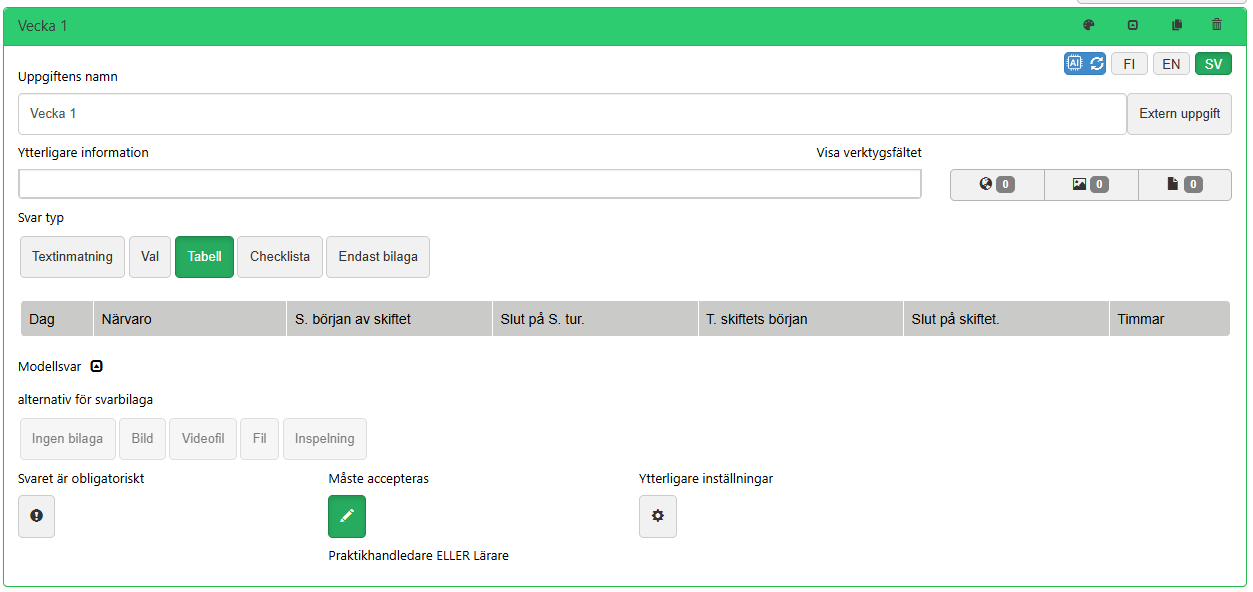Tabell för att rapportera arbetstider