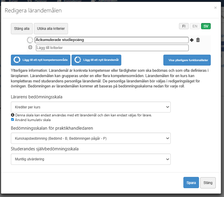 Välj ackumulerade studiepoäng som betygsskala