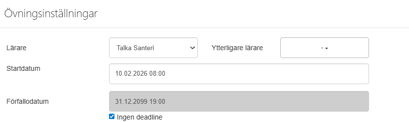 Inställningar för en publicerad övning