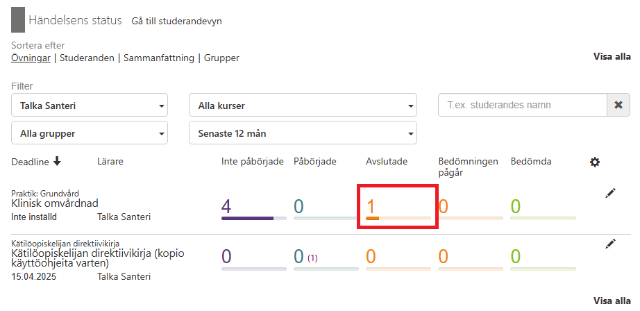 Händelsernas status där en övning är gjord