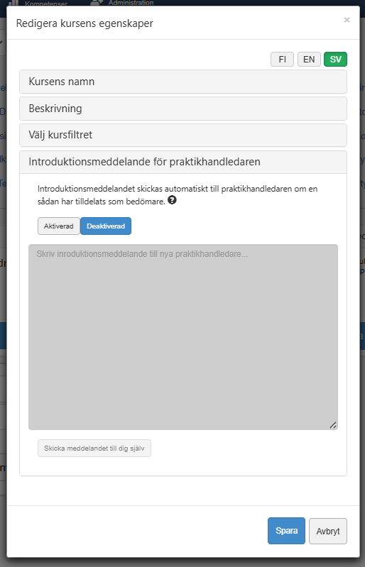Välkomstmeddelande för praktikhandledare