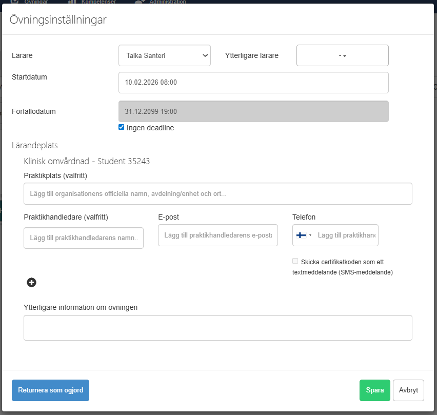 Övningens inställningar