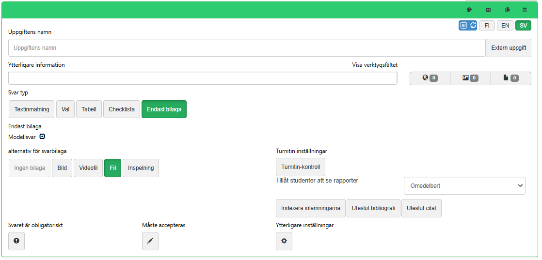Verktyg för att ange inställningar för Turnintin för en enskild uppgift