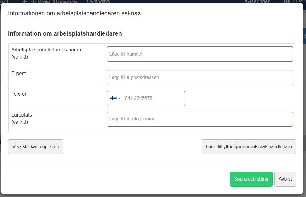 Fyll i handledares kontaktinformation