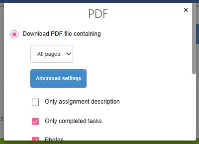 advanced settings for pdf export