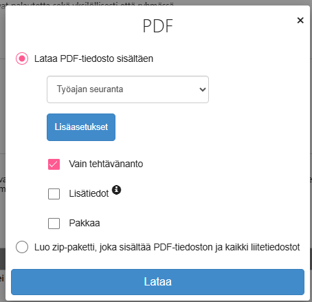 PDF-viennin lisäasetukset