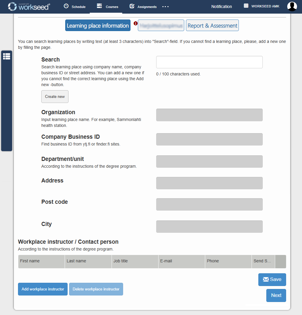 Tab where contact information to a learning place can be added, as well as a contact person for the learning place.