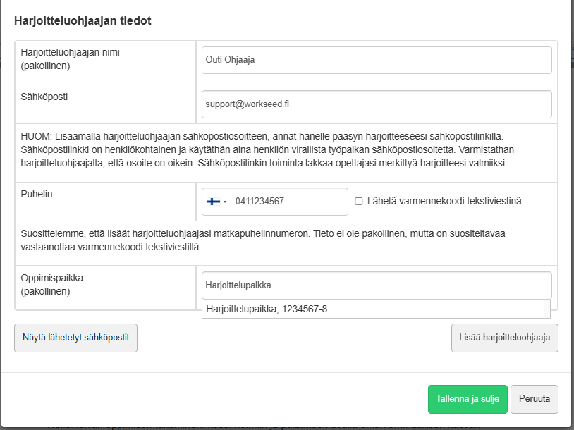 Kuvankaappaus ikkunasta, jossa käyttäjä lisää oppimispaikan tiedot