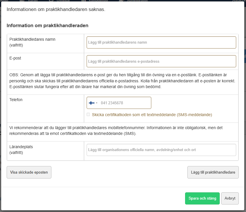 Skärmdump där användare fyller i praktikplatsens uppgifter