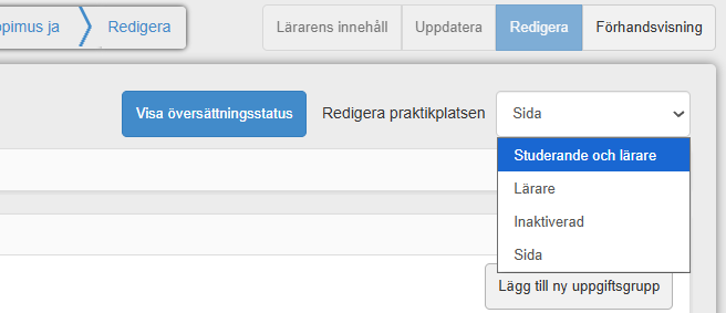 Menun för att redigera praktikplatsen som finns i redigeringsvyn.