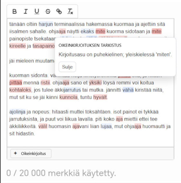 Kuvankaappaus, jossa on käyttäjän kirjoittama teksti. Tekstin virheitä on korostettu automaattisesti ja virheen vieressä on tekoälyn tuottama ohje.