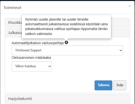 Kuvankaappaus harjoitteen asetuksissa, jossa valitaan oletusopettaja.