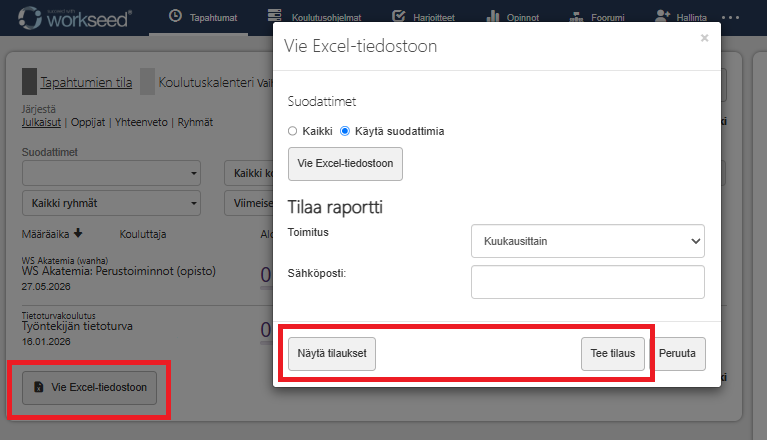 Kuvankaappaus Tapahtumat-näkymästä, jossa on painike "Vie Excel.tiedostoon", joka on avannut uuden ikkunan, jossa annetaan tiedot hakua varten.