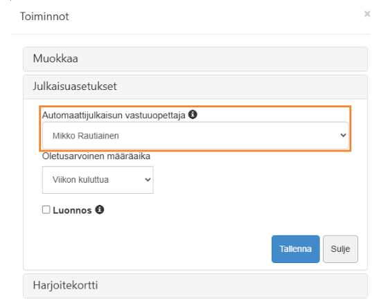 Kuvankaappaus, jossa on tietokenttä "Vastuuopettaja".