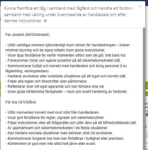 Skärmdum av ett fönster som har en lista av utvärderingskriterier för en kurs.