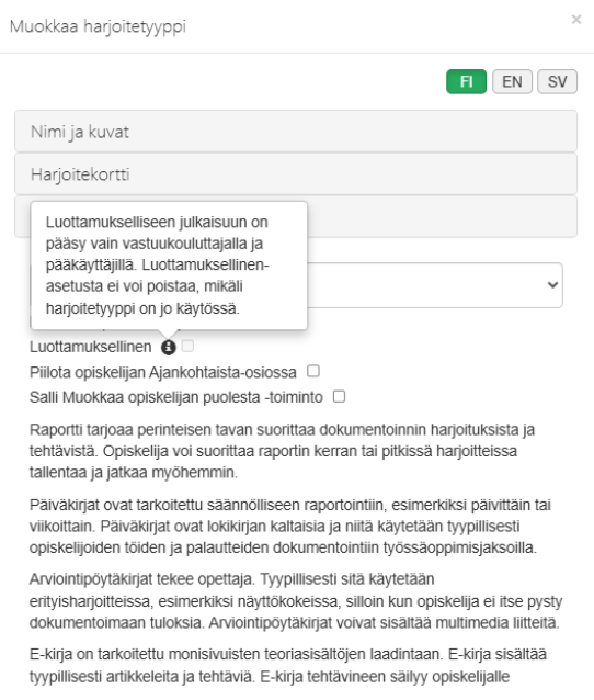 Kuvankaappaus dokumenttityypin asetuksista, jossa on painike "luottamuksellinen"