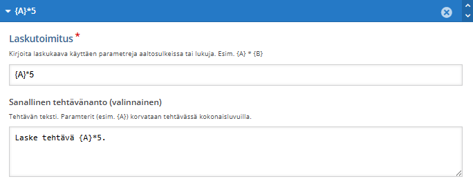 Kuvankaappaus matematiikkaharjoitteen muokkausnäkymästä, johon syötetään kaava ja parametrit.