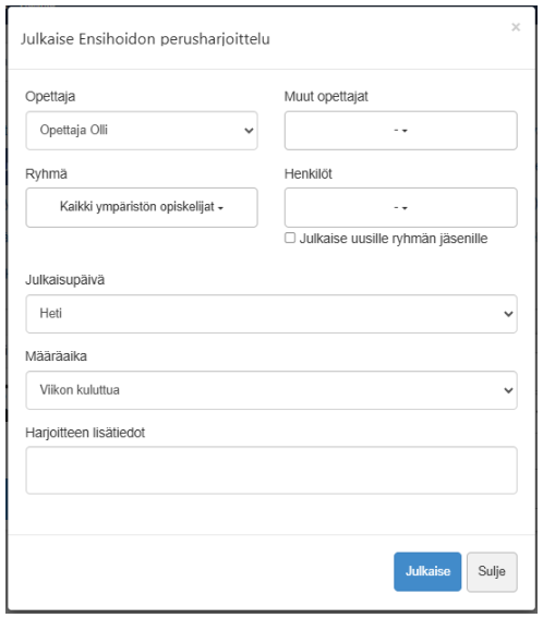 Kuvankaappaus julkaisun asetuksista, jossa näkyy kaksi tietokenttää opettajille.