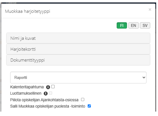 Kuvankppaaus dokumenttityypin asetuksista, jossa on painike "Salli muokkaa opiskelijan puolesta"