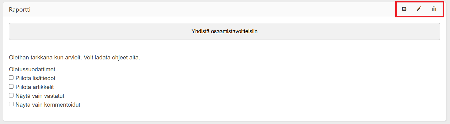 Kuvankaappaus, jossa on raportin muokkausnäkymä, työkalurivi ja osio suodattimien valintaan.