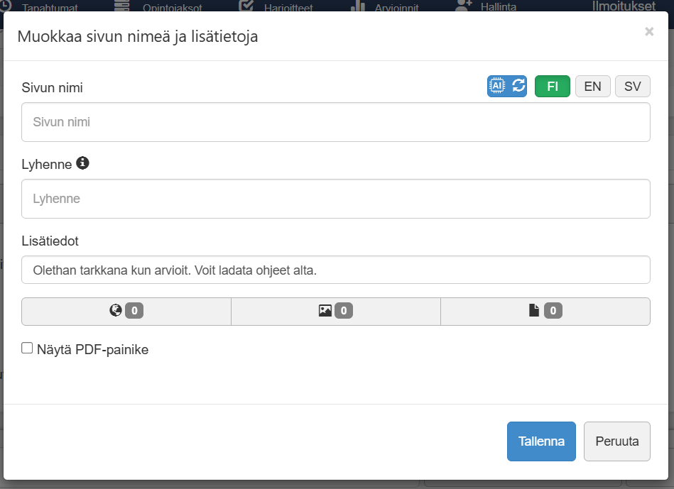 Kuvankaappaus, jossa raportin lisätietokentät, nimikenttä sekä liitetiedostojen lataamiseen tarkoitetut painikkeet.