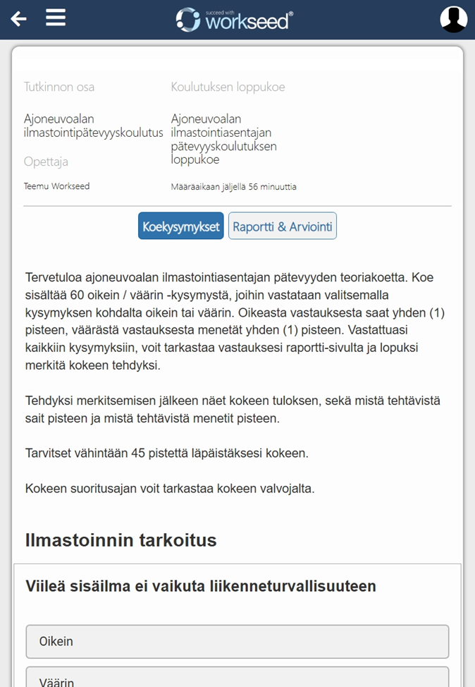 Kuvankaappaus, jossa on esimerkki kokeesta, jossa on kysymyksiä ja aikaraja.