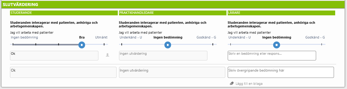 Skärdum av en formulär som används för utvärdering. Det finns fält för studerandens, lärarens och handledarens utvärderingar.