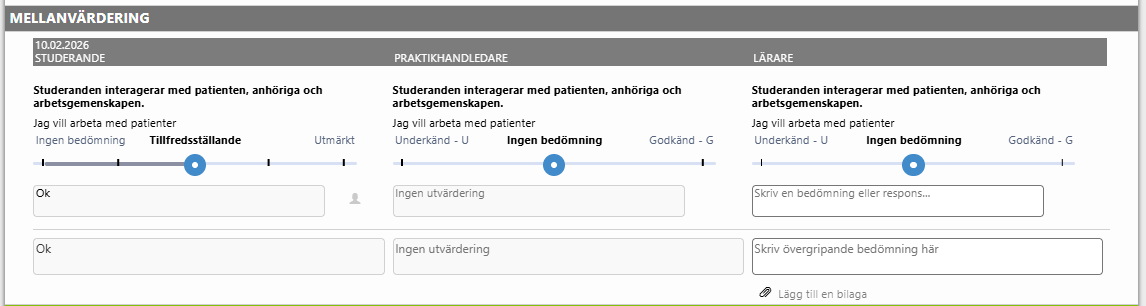 Skärdum av en formulär som används för utvärdering. Det finns fält för studerandens, lärarens och handledarens utvärderingar. 