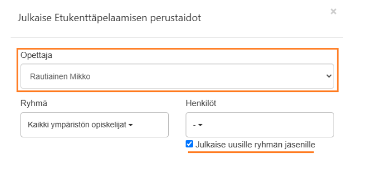 Kuvankaappaus julkaisun asetuksista, jossa on valittuna painike "julkaise uusille ryhmän jäsenile.